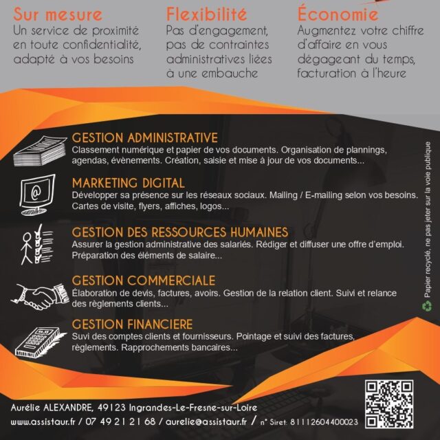 đ DisponibilitĂ©s Ă partir dâavril !
Je mets Ă votre disposition une dizaine dâheures par semaine pour vous accompagner dans votre activitĂ© :
âïž Gestion administrative
âïž Suivi financier
âïž Appui commercial
âïž Organisation quotidienne
đČ Flashez le QR code sur le flyer pour en savoir plus !
đ Plus dâinfos : www.assistaur.fr
đŹ Envoyez-moi un DM pour un Ă©change rapide.
#entrepreneurs #TPE #PME #gestionentreprise #assistanteindependante #externalisation #proximité